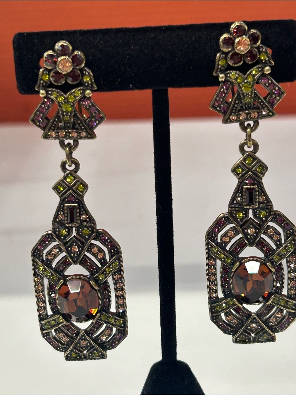 Heidi Daus Art Deco Drop Earrings with Pink, Amber and Olive Accents
